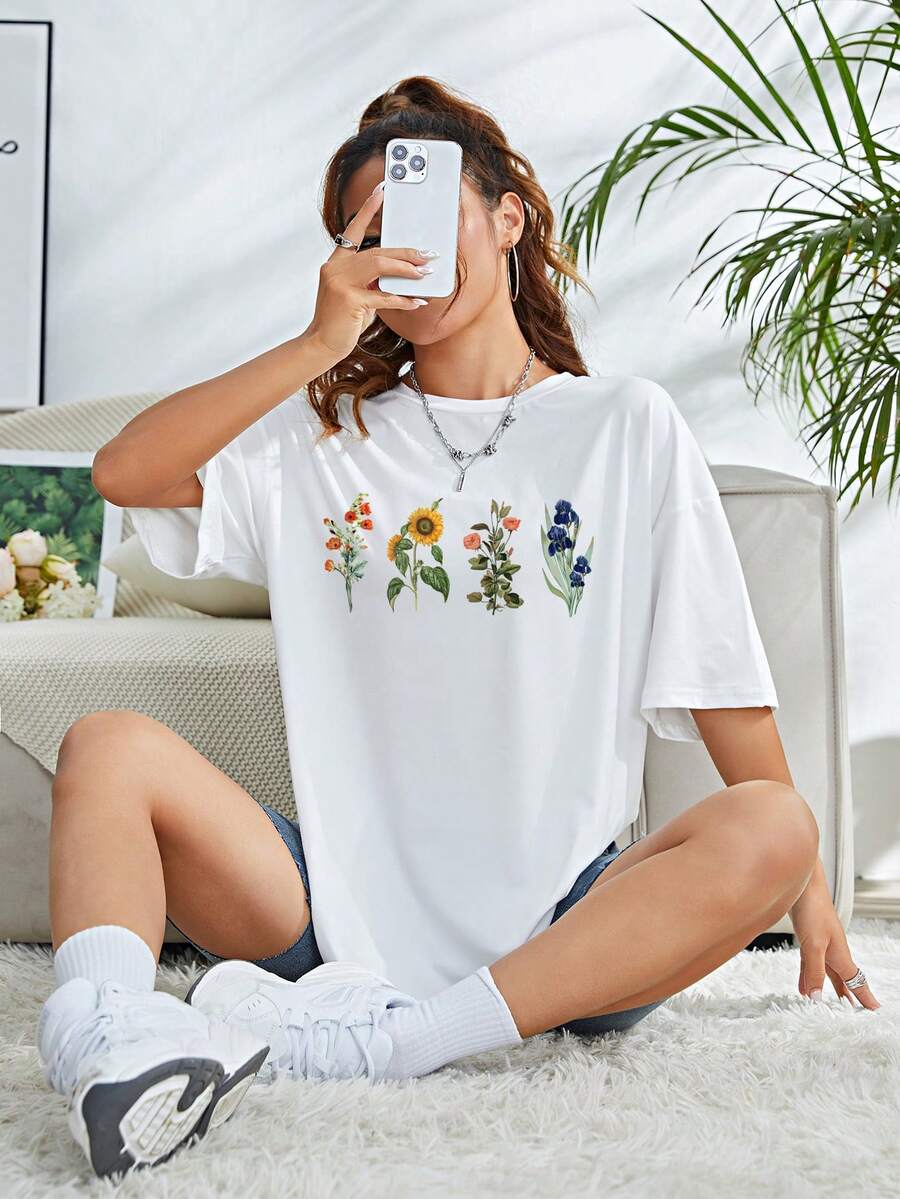 Camiseta de hombros caídos con estampado floral - Blanco - Ver 1