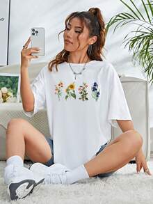 Camiseta de hombros caídos con estampado floral - Blanco - Ver 3