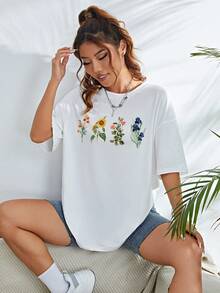 Camiseta de hombros caídos con estampado floral - Blanco - Ver 4
