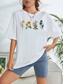 Camiseta de hombros caídos con estampado floral - Blanco - Ver 6