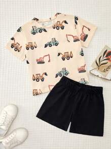 RueChic 小男童挖掘機印花T恤和短褲 - 彩色 - 查看 1