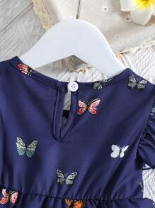 嬰兒蝴蝶圖案蝴蝶袖層疊荷葉邊下擺連衣裙 - 藏蓝色 - 查看 5