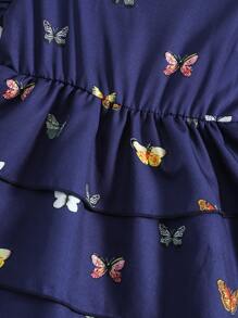 嬰兒蝴蝶圖案蝴蝶袖層疊荷葉邊下擺連衣裙 - 藏蓝色 - 查看 6