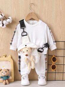 Baby Boy Contrast Plaid Pullover & Joggers & Bag - White - View 1