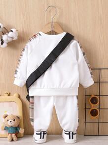 Baby Boy Contrast Plaid Pullover & Joggers & Bag - White - View 2