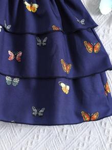 嬰兒蝴蝶圖案蝴蝶袖層疊荷葉邊下擺連衣裙 - 藏蓝色 - 查看 7