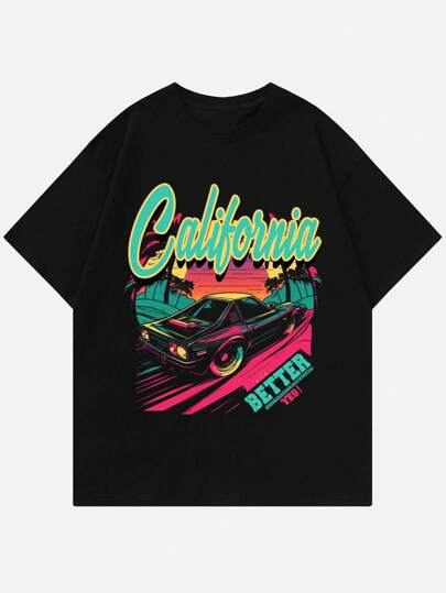 Street Life Hombres Camiseta con estampado de coche y letra