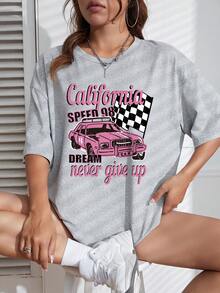 SHEIN Coolane Car And Slogan Graphic Drop Shoulder Tee - Grey - View 4