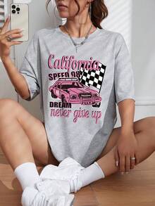 SHEIN Coolane Car And Slogan Graphic Drop Shoulder Tee - Grey - View 6