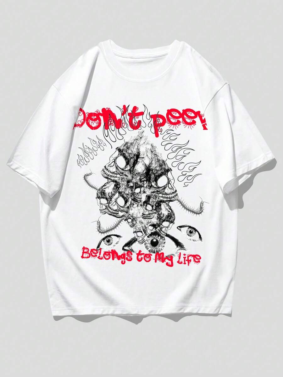 ROMWE MEN Goth Hombres Camiseta con estampado de cráneo y letra - Blanco - Ver 1