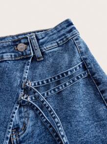 SHEIN ICON 翻蓋口袋牛仔短褲 - 中等水洗藍 - 查看 3