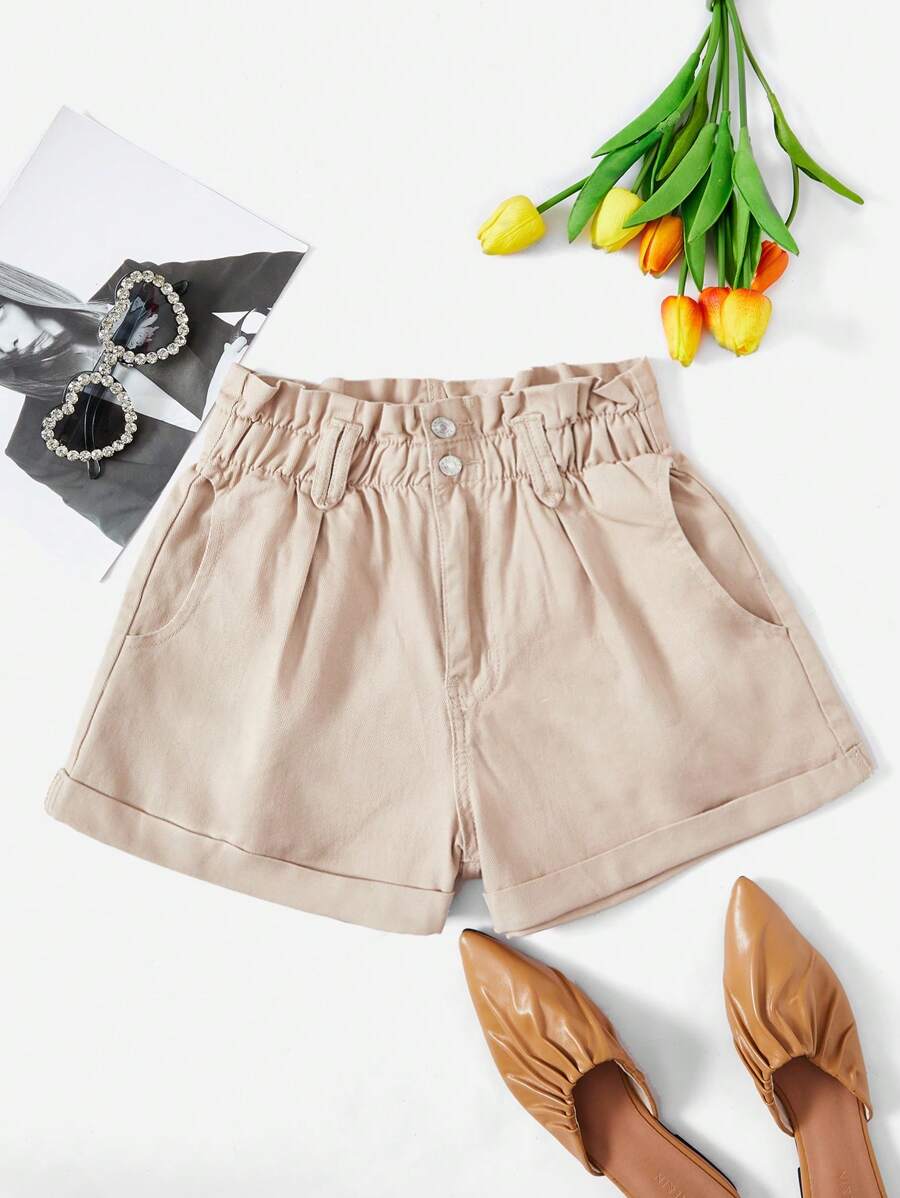 Breezaya 紙袋腰卷邊牛仔短褲 - 米色 - 查看 1
