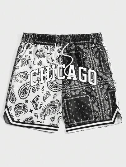 Prep Pantaloncini da basket con stampa a strisce, paesaggio e lettera, coulisse in vita, per scuola