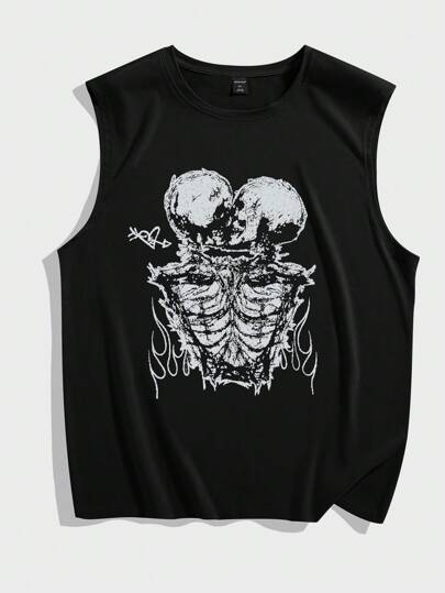 Goth Men  Skeleton Print Tank Top For Halloween, School