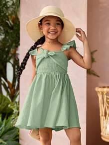 SHEIN Đầm bé gái Thắt nút Xù Dải chun màu trơn Boho - Màu xanh Bạc hà - Xem 1