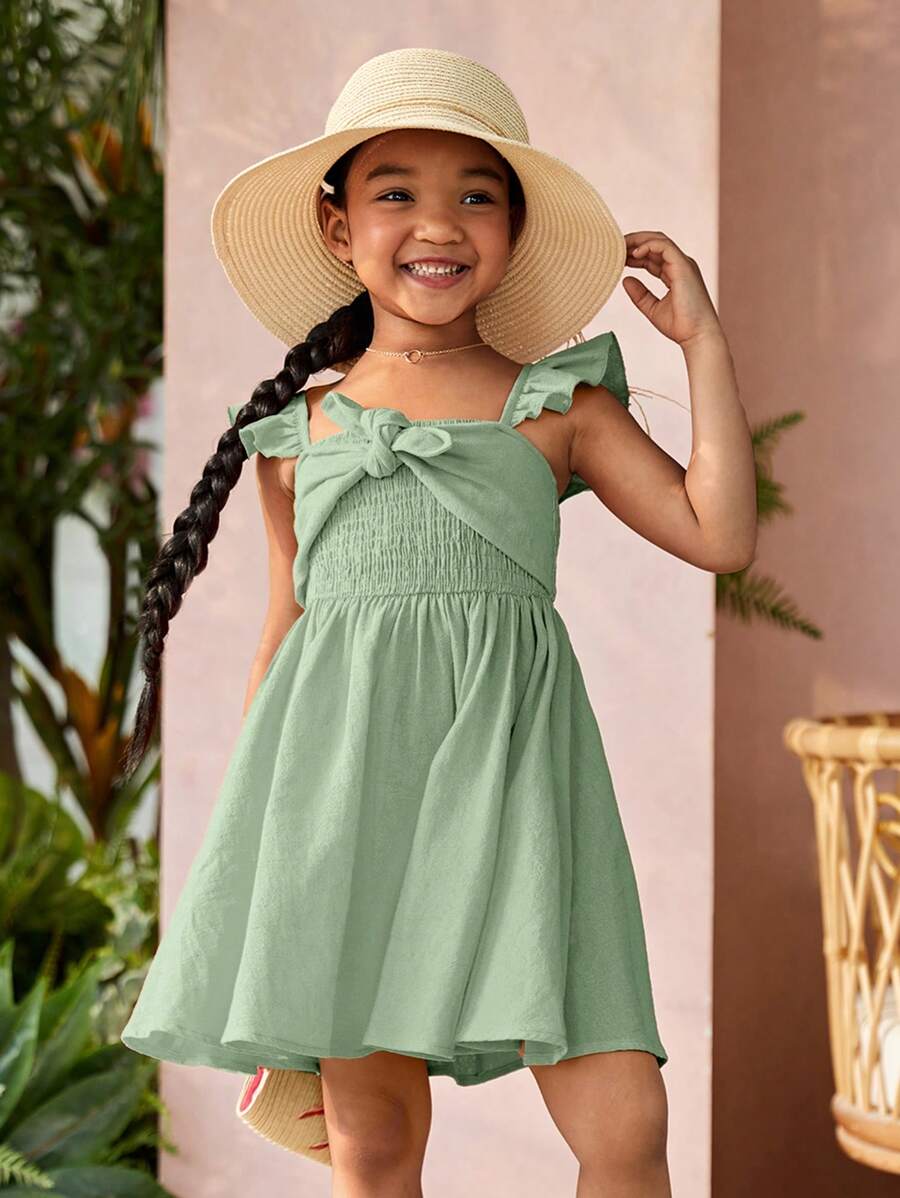 SHEIN Đầm bé gái Thắt nút Xù Dải chun màu trơn Boho - Màu xanh Bạc hà - Xem 1