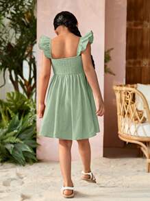 SHEIN Đầm bé gái Thắt nút Xù Dải chun màu trơn Boho - Màu xanh Bạc hà - Xem 2