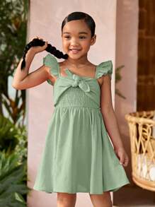 SHEIN Đầm bé gái Thắt nút Xù Dải chun màu trơn Boho - Màu xanh Bạc hà - Xem 3