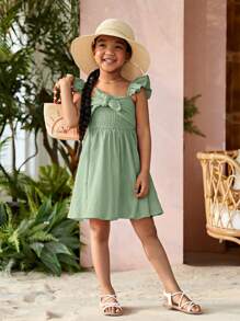 SHEIN Đầm bé gái Thắt nút Xù Dải chun màu trơn Boho - Màu xanh Bạc hà - Xem 5