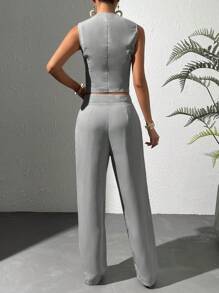 Chiquease 前紐扣馬甲西裝外套&闊腿褲 - 淺灰色 - 查看 2