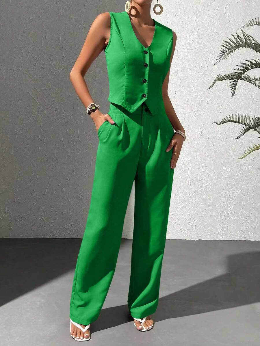 Chiquease Blazer chaleco con botón delantero & Pantalones con bolsillo oblicuo - Verde - Ver 1