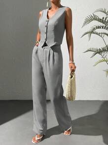 Chiquease 前紐扣馬甲西裝外套&闊腿褲 - 淺灰色 - 查看 4