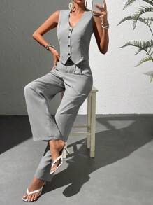 Chiquease 前紐扣馬甲西裝外套&闊腿褲 - 淺灰色 - 查看 5