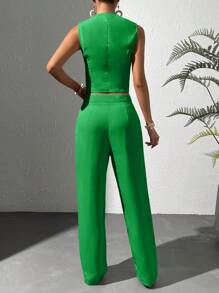 Chiquease Blazer chaleco con botón delantero & Pantalones con bolsillo oblicuo - Verde - Ver 2