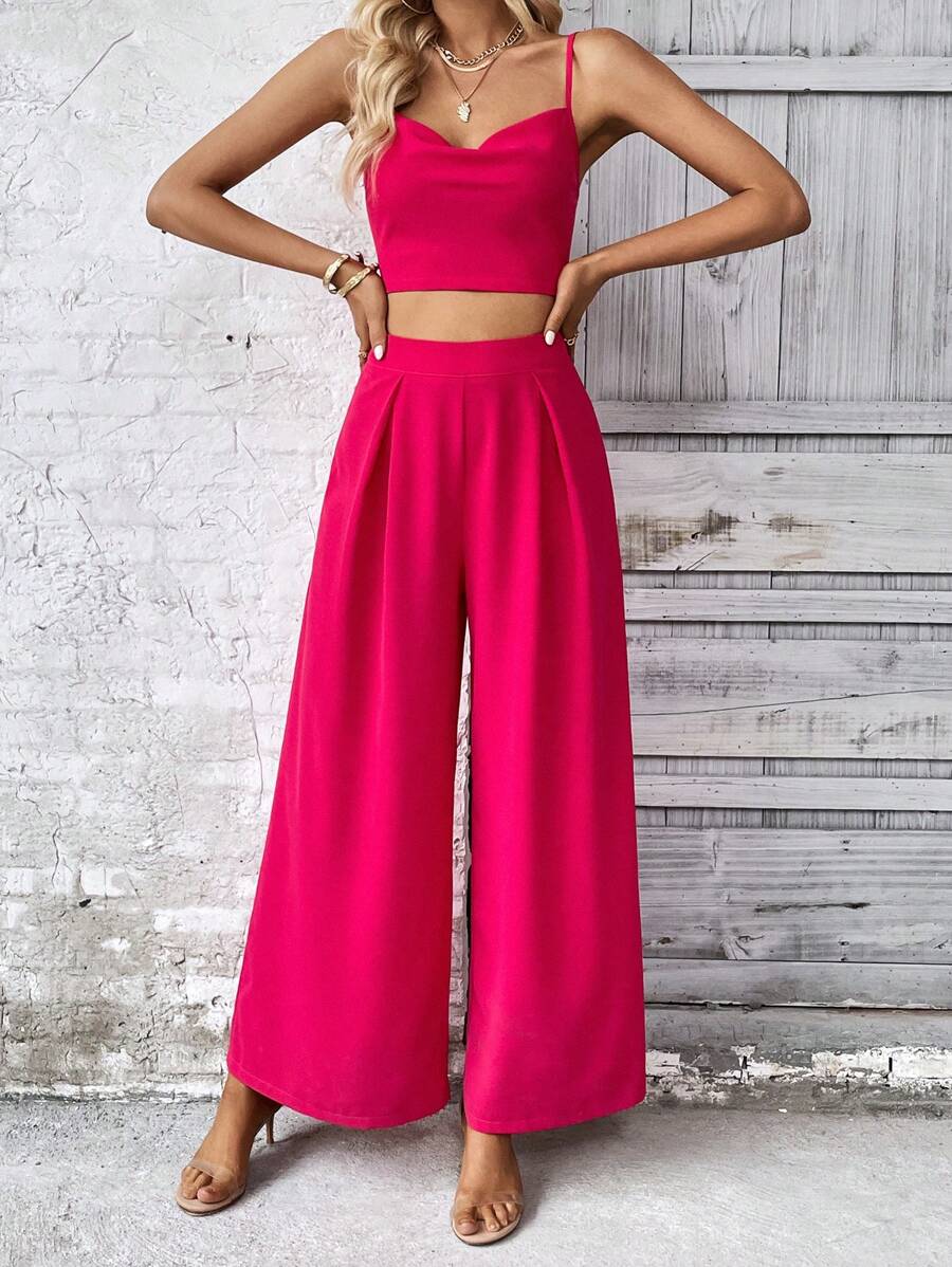 SHEIN VCAY Bộ đồ hai mảnh nữ Vắt Dây kéo màu trơn Giải trí - Màu Hồng Tươi - Xem 1