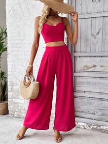 SHEIN VCAY Bộ đồ hai mảnh nữ Vắt Dây kéo màu trơn Giải trí - Màu Hồng Tươi - Xem 3