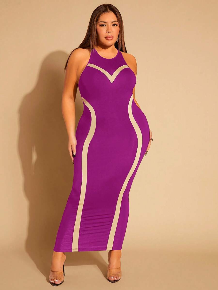 SHEIN SXY Đầm Plus Size Khối Màu Giải trí - Màu đỏ tím - Xem 1