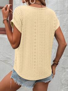 SHEIN LUNE 網眼刺繡蝙蝠袖紐扣細節T恤 - 黃色 - 查看 2