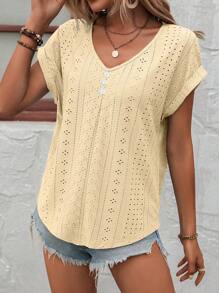 SHEIN LUNE 網眼刺繡蝙蝠袖紐扣細節T恤 - 黃色 - 查看 3