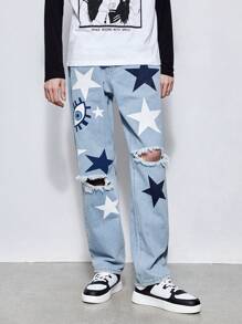 ROMWE MEN Anime 男士星星印花破洞抽鬚直筒牛仔褲 - 淺色水洗藍 - 查看 1