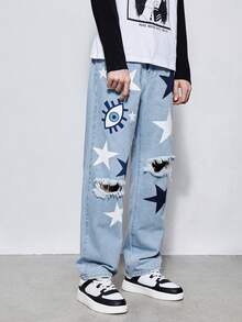 ROMWE MEN Anime 男士星星印花破洞抽鬚直筒牛仔褲 - 淺色水洗藍 - 查看 3
