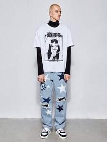 ROMWE MEN Anime 男士星星印花破洞抽鬚直筒牛仔褲 - 淺色水洗藍 - 查看 4