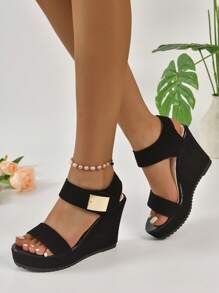 Sandali con zeppa casual con suola spessa e alla moda da donna con punta aperta, tessuto scamosciato nero e decorazioni