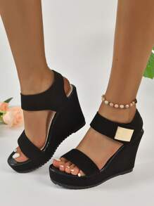 Sandali con zeppa casual con suola spessa e alla moda da donna con punta aperta, tessuto scamosciato nero e decorazioni