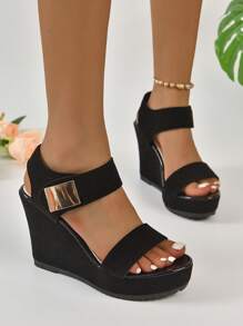 Sandali con zeppa casual con suola spessa e alla moda da donna con punta aperta, tessuto scamosciato nero e decorazioni