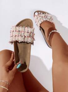 Femme Pantoufles À Fausse Perle Mode Été - Vieux Rose - Voir 1