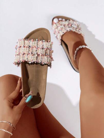 Women Faux Pearl Decor Slides, Fashion Summer Slides