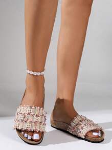 Femme Pantoufles À Fausse Perle Mode Été - Vieux Rose - Voir 5