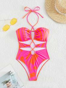 SHEIN Swim Damskie stroje jednoczęściowe Wycięte Ściągacz Kokardka z tyłu Nadruk po całości - Wielokolorowe - Zobacz 1