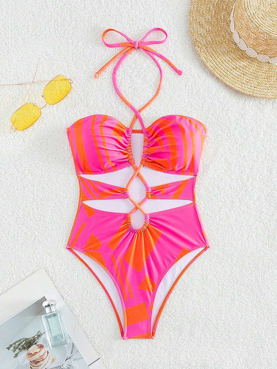 SHEIN Swim Damskie stroje jednoczęściowe Wycięte Ściągacz Kokardka z tyłu Nadruk po całości - Wielokolorowe - Zobacz 1