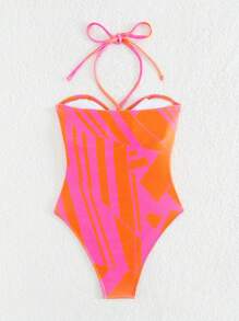 SHEIN Swim Damskie stroje jednoczęściowe Wycięte Ściągacz Kokardka z tyłu Nadruk po całości - Wielokolorowe - Zobacz 2