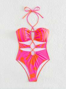 SHEIN Swim Damskie stroje jednoczęściowe Wycięte Ściągacz Kokardka z tyłu Nadruk po całości - Wielokolorowe - Zobacz 5