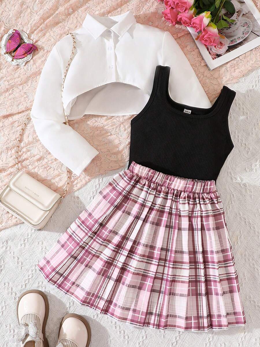 女大童高低下擺短款襯衫和格紋印花百褶半身裙和背心上衣 - 彩色 - 查看 1