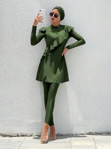 Swim Mulvari Summer Beach Ruffle Trim Full Cover Burkini Swimsuit With Swim Cap - Army Green - View 1