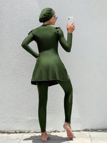 Swim Mulvari Summer Beach Ruffle Trim Full Cover Burkini Swimsuit With Swim Cap - Army Green - View 2