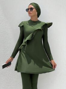 Swim Mulvari Summer Beach Ruffle Trim Full Cover Burkini Swimsuit With Swim Cap - Army Green - View 4